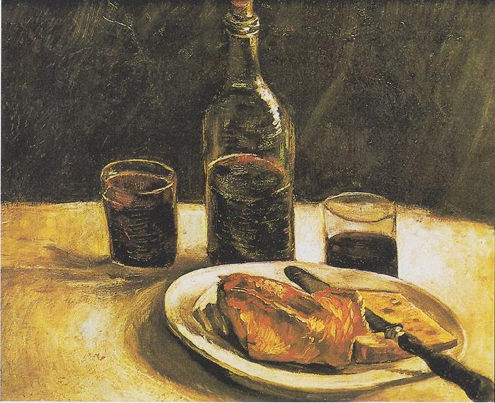  Still life with bottle, two glasses, cheese and bread